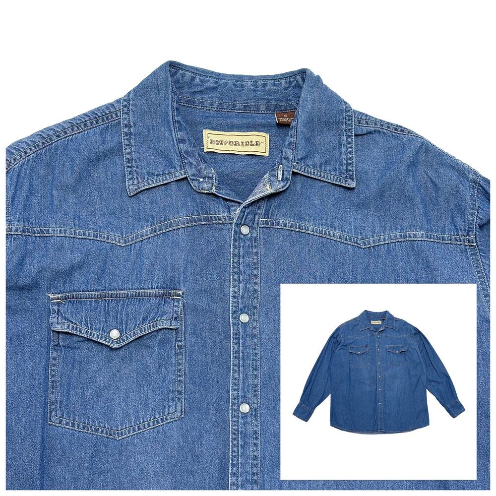 Bit & Bridle Pearl Snap Denim Shirt Womens XL Medium Wash Western Cowgirl Rodeo